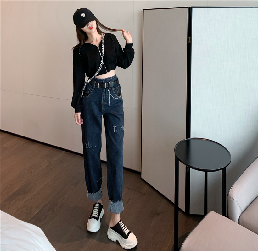 Real price, real price, new belt chain with holes and rough edges, high waist and slim, casual father Jeans Girl