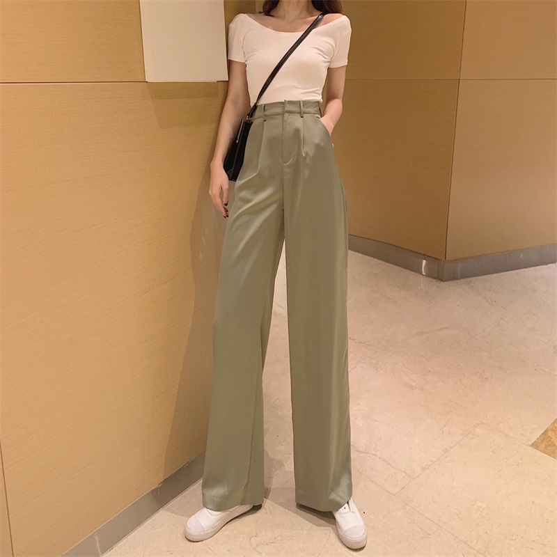Real photo real price quality acetic acid sagging soft High Waist Wide Leg light SATIN HIGH show thin loose pants