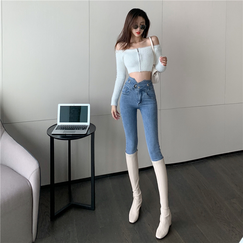 Real price rough edge irregular stretch high waist slim feet double button pencil nine point jeans