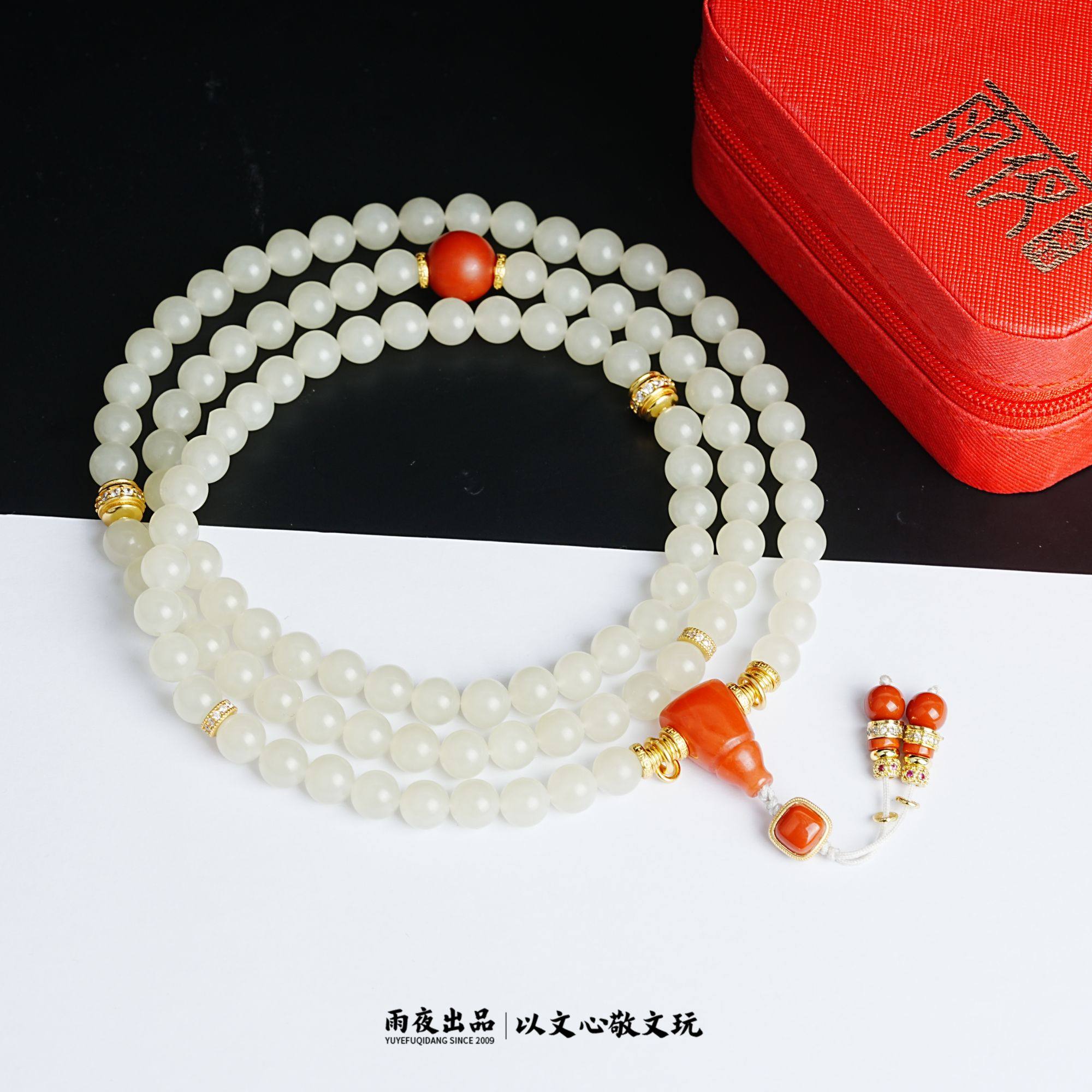 尖货高配！新疆和田玉籽料暖白熟细搭配108圆珠