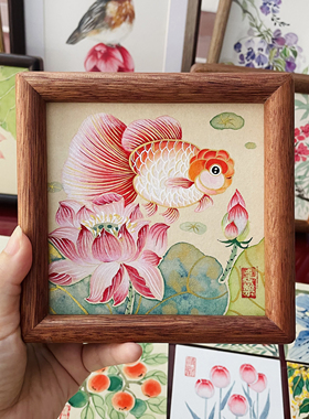 荷花金鱼纯手绘国风摆件摆台国画