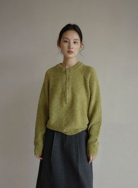 EVERTRUE 75%羊毛秋季韩版针织毛衣绿色圆领女长袖外套35287