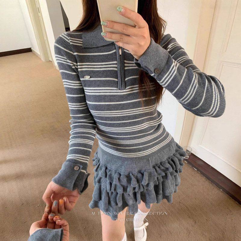 topchanlin 2025韩版休闲百搭拉链POLO领横条纹修身显瘦针织衫女