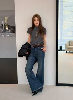 ICC 复合绒显瘦弹力喇叭裤美式复古微喇牛仔裤女广州十三行10646