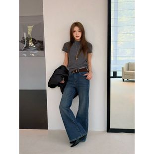 复古微喇牛仔裤 美式 女广州十三行10646 复合绒显瘦弹力喇叭裤 ICC