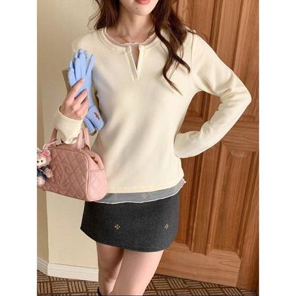 3th Morning 暖冬搭子 V领纽扣网纱拼接德绒打底衫T恤ZY3795