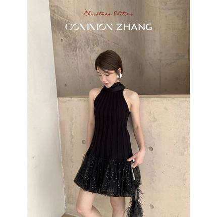 CZ ZHANG年会针织拼接网纱亮片挂脖连衣裙女名媛修身小短裙B46327
