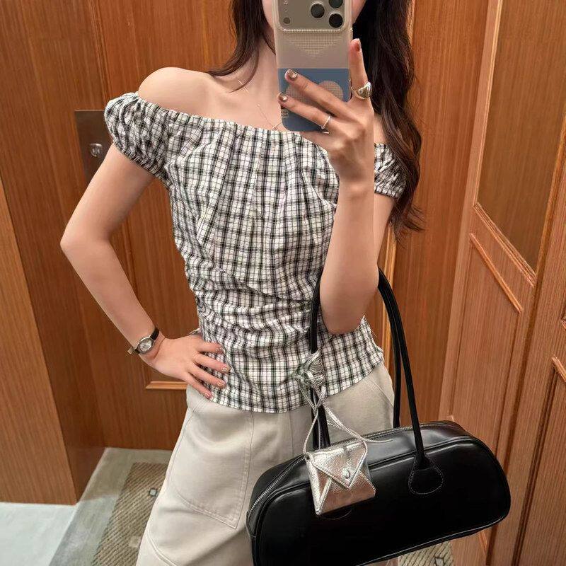 凯羽尚夏  格纹一字肩抹胸T恤女韩系修身显瘦不规则设计感上衣