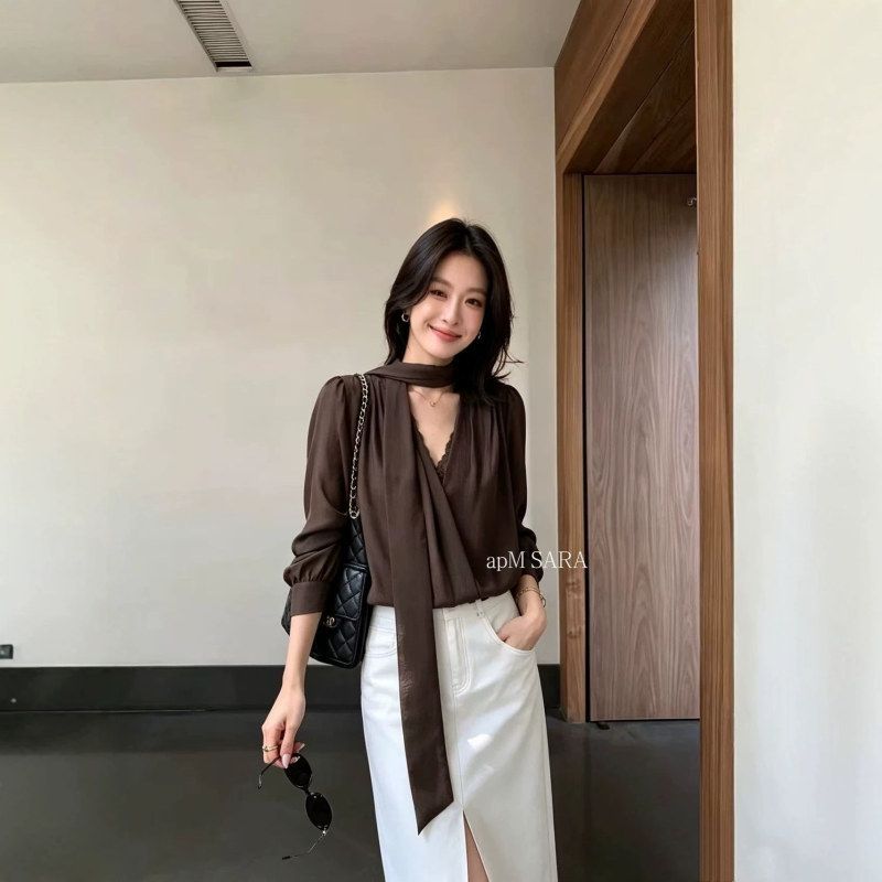 凯羽尚秋季新款韩版气质蕾丝拼接百搭宽松显瘦飘带V领长袖衬衫