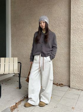 ICC 工装风加厚宝宝绒刺绣休闲卫裤抽绳束脚宽松运动裤女冬款1398