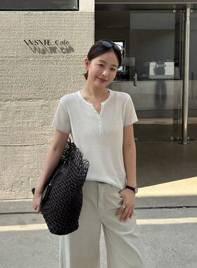 TG 长期主义 坑条肌理感短袖亨利领显瘦针织T恤女2026夏新款26628
