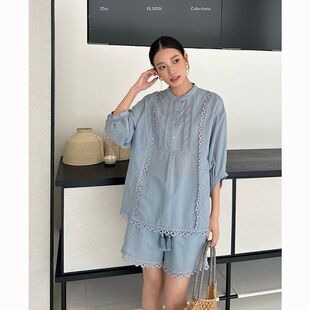 ELSISSI2026新款独特设计漂亮小衫花边压褶泡泡袖棉苎麻上衣女夏