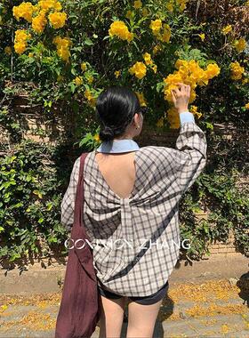 CZ ZHANG春撞色拼接格子印花衬衫女性感露背宽松休闲上衣 C13637