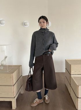 ICC 时髦复古感条纹七分裤厚款羊毛呢休闲阔腿裤女十三行冬季1589