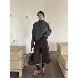 女十三行冬季 ICC 羊毛呢休闲阔腿裤 厚款 1589 时髦复古感条纹七分裤