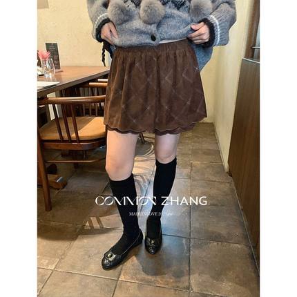CZ ZHANG秋冬鹿皮绒格子印花半身裙裤女百搭休闲花边小短裙B41032