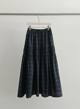 EVERTRUE 2025秋韩版十三行高腰半身裙女装纯棉中长款格子裙68025