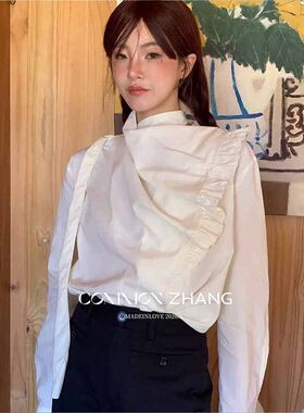 CZ ZHANG春花边斜门襟飘带名媛衬衫女小众气质宽松休闲上衣C13778