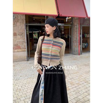 CZ ZHANG秋冬绵羊绒针织开衫女甜美费尔岛条纹提花毛衣外套B45205