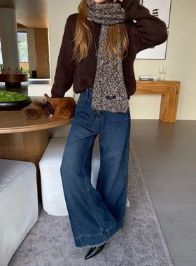 ICC 高级复古深蓝不贴腿喇叭裤流苏毛边植绒牛仔裤女十三行10579