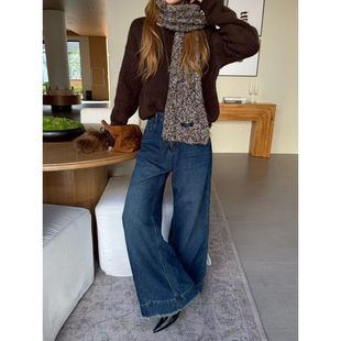 女十三行10579 流苏毛边植绒牛仔裤 ICC 高级复古深蓝不贴腿喇叭裤