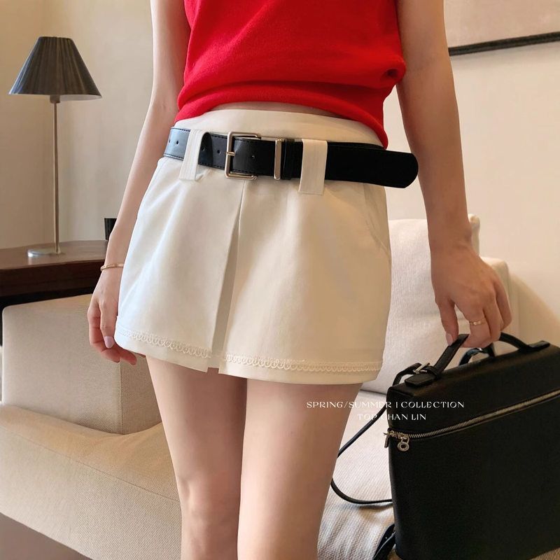 topchanlin 夏季新款韩版高腰显瘦压褶蕾丝西装a字半身裙裤女