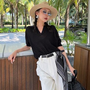 ELSISSI休闲通勤薄款透气Polo领t恤针织衫2026春季新款短袖上衣女