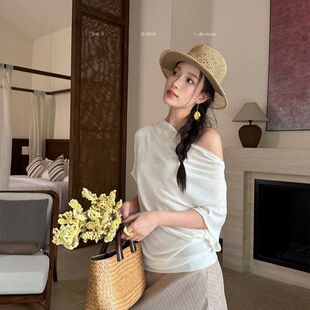 ELSISSI复古气质度假风短袖上衣女夏2026新款蝙蝠袖薄款针织衫薄