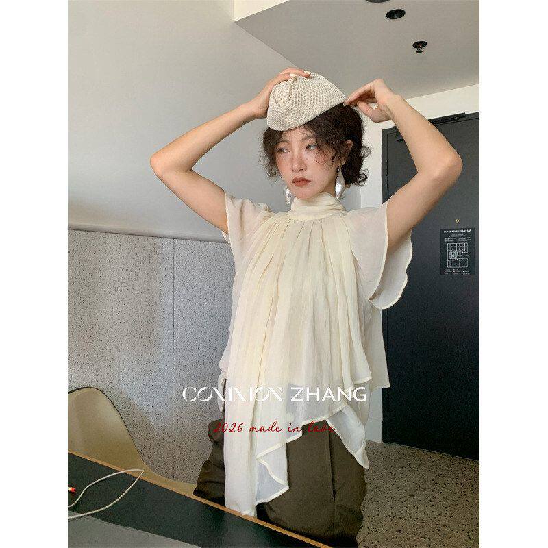 CZ ZHANG夏天丝法式复古高龄衬衫女设计感纯色甜美百搭小衫C13473