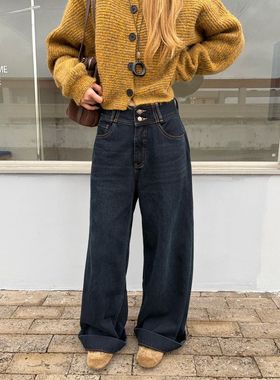 ICC 腔调复古感洗水阔腿裤复合绒显瘦牛仔裤子女十三行冬款70329