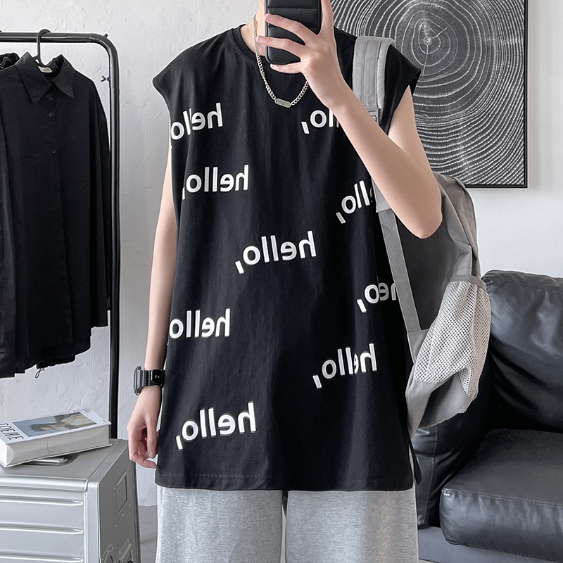 Trendy men's sleeveless vest youth loose casual personalized printed short sleeve T-shirt