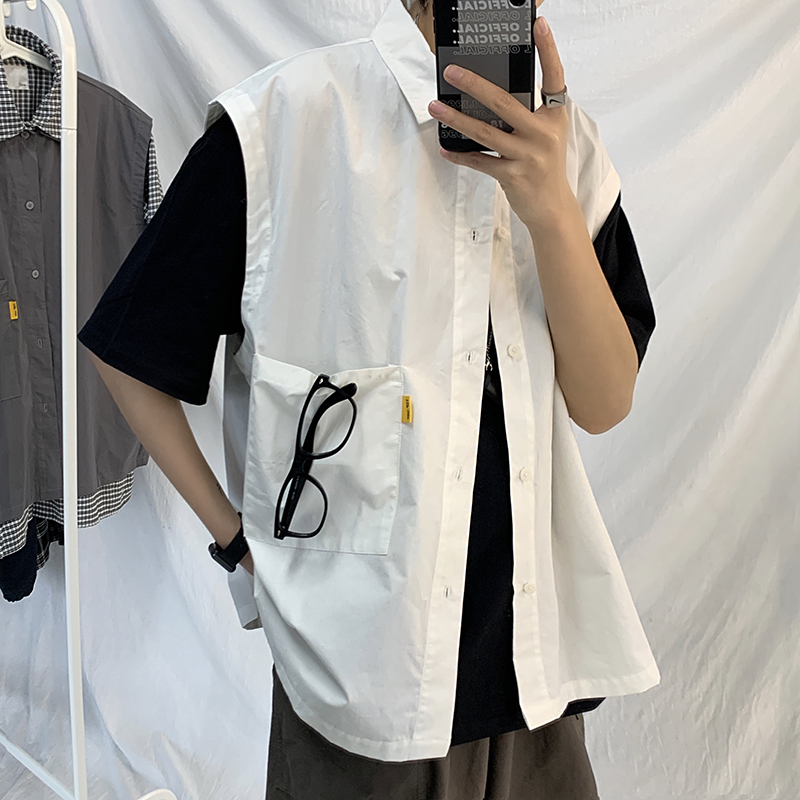 Hong Kong style shirt collar sleeveless shirt vest men's and women's Japanese loose waistband vest shirt