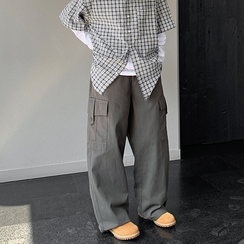 日系复古春秋宽松纽扣装饰阔腿工装裤休闲裤k7362p78100棉，男装休闲裤，电商A138B