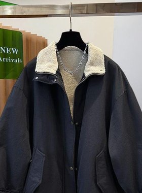 高级感黑色毛茸茸翻领中长款工装外套女加绒加厚宽松2025冬季新款