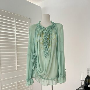 Ranwear 白月光的杀伤力！浪漫氛围荷叶边重工烫钻宫廷风雪纺衬衫