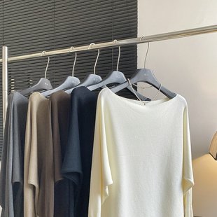 KARA批发/法式不规则纯白色蝙蝠袖宽松针织衫慵懒风套头毛衣上衣