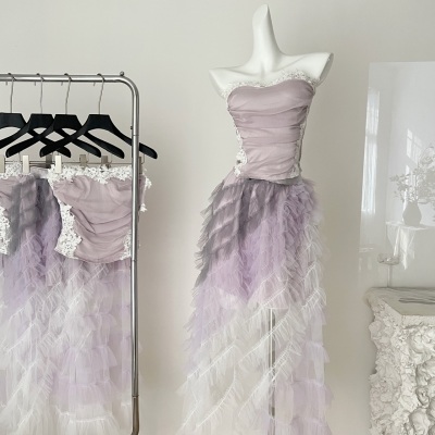 KARA批发丨BarbChill 紫色绝美网纱半身裙高腰长款蓬蓬蛋糕裙套装