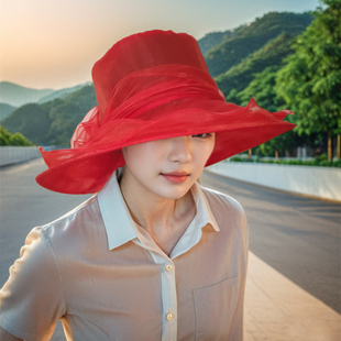 可折叠遮阳帽子女夏出游户外沙滩帽春秋凉红色纱帽大檐防晒太阳帽