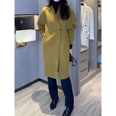 纤依百秀 【龙】 斜门禁咸菜绿双面呢羊毛大衣 0065