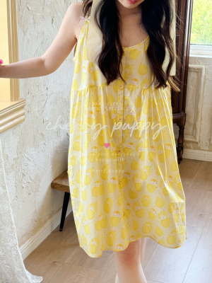 cherry puppy雪梨兔柠檬黄显白吊带睡裙女全棉宽松舒适居家连衣裙
