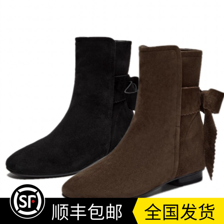 商场同款2025冬季新款美拉德西部靴柔软羊皮蝴蝶结女短靴1A01A