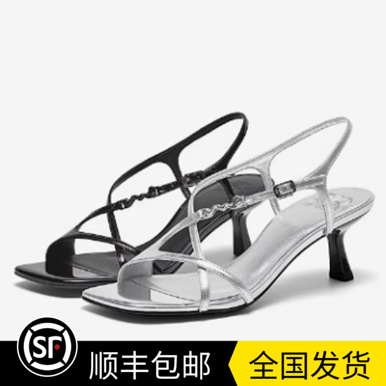 商场同款2025夏季新款光泽牛皮细跟高跟露趾时装女鞋凉鞋YVI14BL5