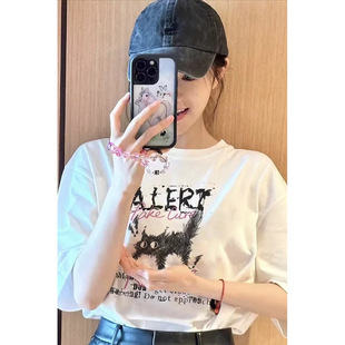日本代购刘浩存同款白色T恤女夏季新款韩版复古猫咪宽松短袖上衣