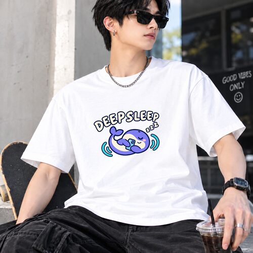 DEEP SLEEP鲸鱼抱手机入眠短袖宽松男女情侣纯棉T恤