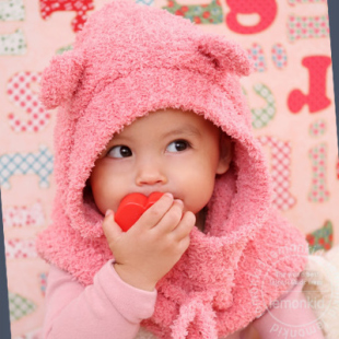 韩版男女童可爱小熊连帽披肩秋冬天宝宝针织帽子围巾一体防风保暖