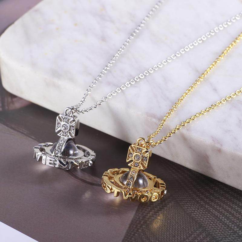 欧美时尚立体土星球设计镶嵌透明锆石字母吊坠简约日常通勤款项链