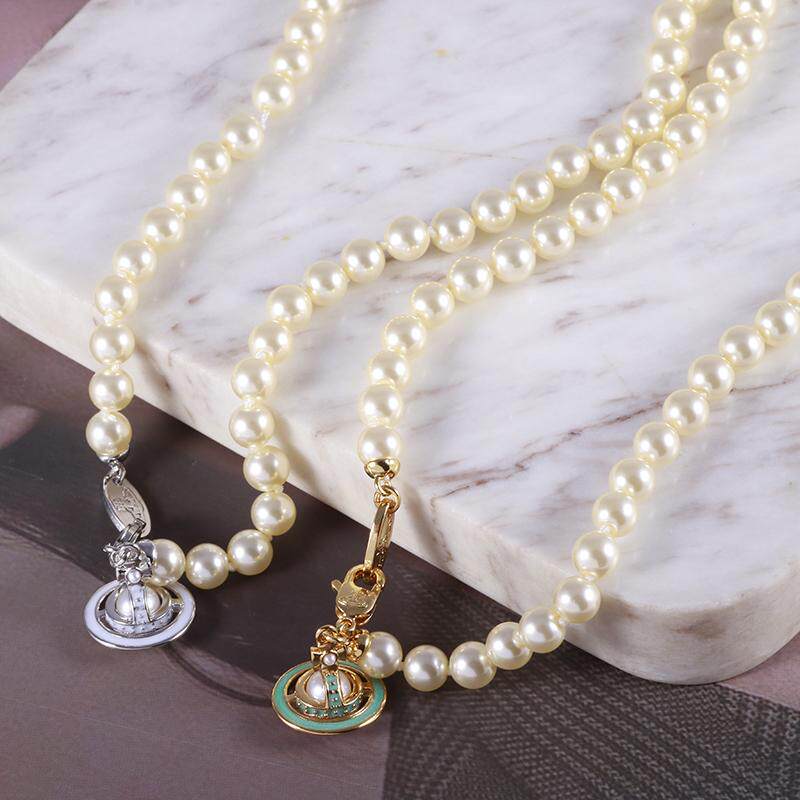 欧美时尚小号立体珐琅彩釉立体土星球造型镶嵌珍珠短款项链锁骨链