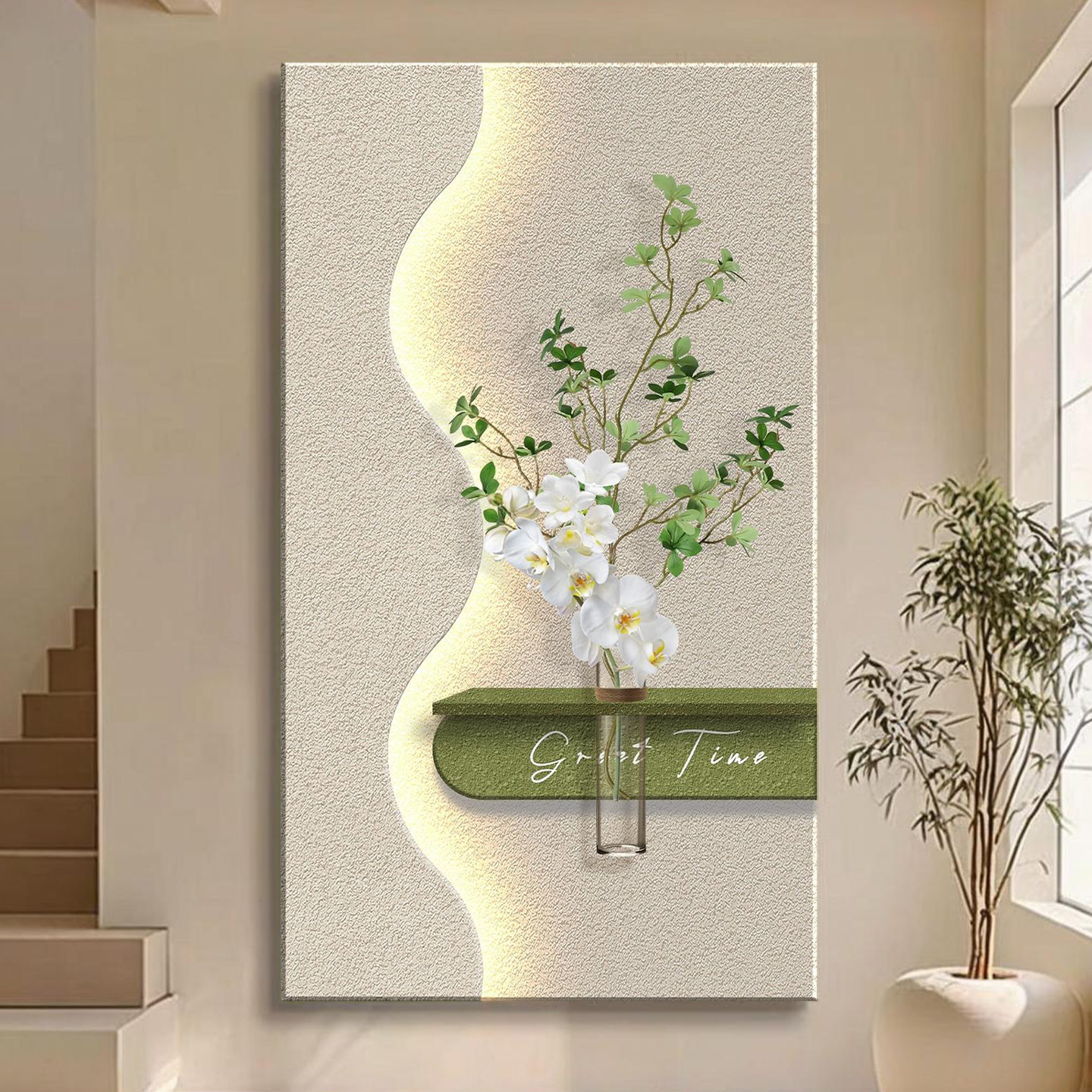 砂岩立体奶油风水培绿植玄关装饰画入户走廊尽头挂画客厅墙面壁画