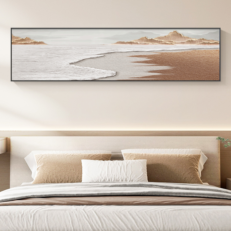 奶油风卧室装饰画抽象海景挂画现代简约风横版壁画侘寂风海浪挂画图片