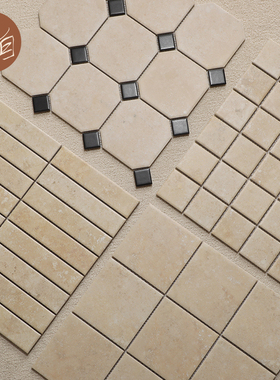 中古法式米色灰色仿石材长条瓷砖马赛克卫生间地砖店铺背景墙方砖